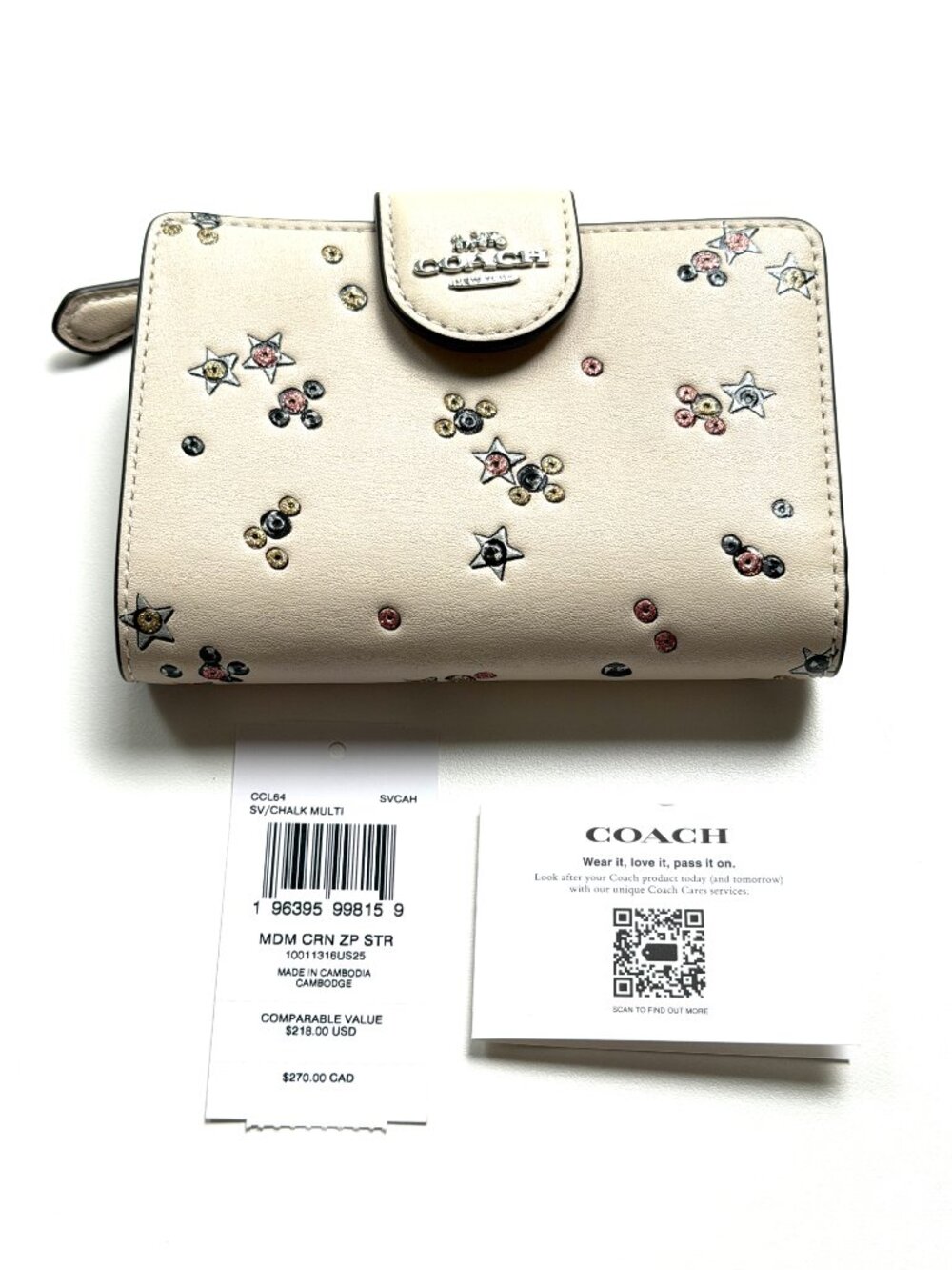 3976 COACH WALLET MEDIUM CORNER ZIP WALLET WITH STAR PRINT LEATHER CHALK